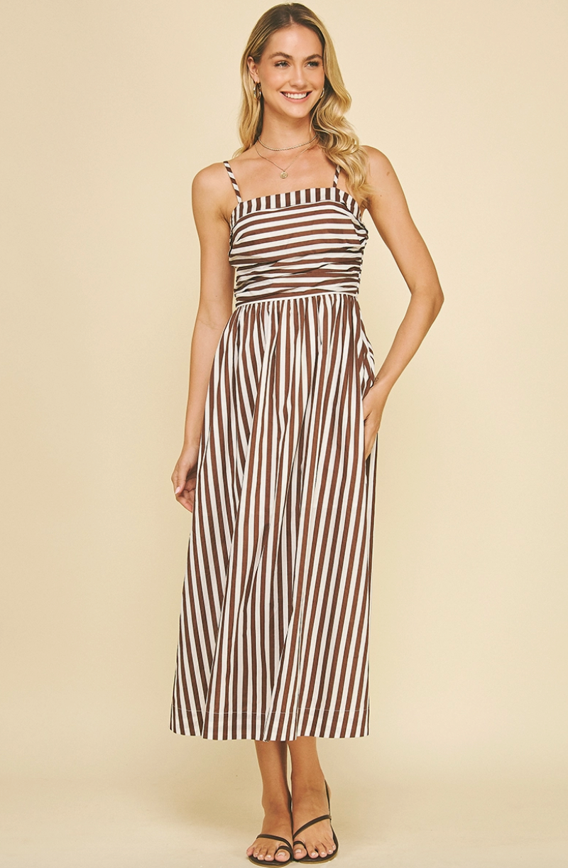 Chocolate & White Striped Midi Dress Classic Cotton Southern Sunday Chocolate & White Striped Midi Dress Classic Cotton Southern Sunday