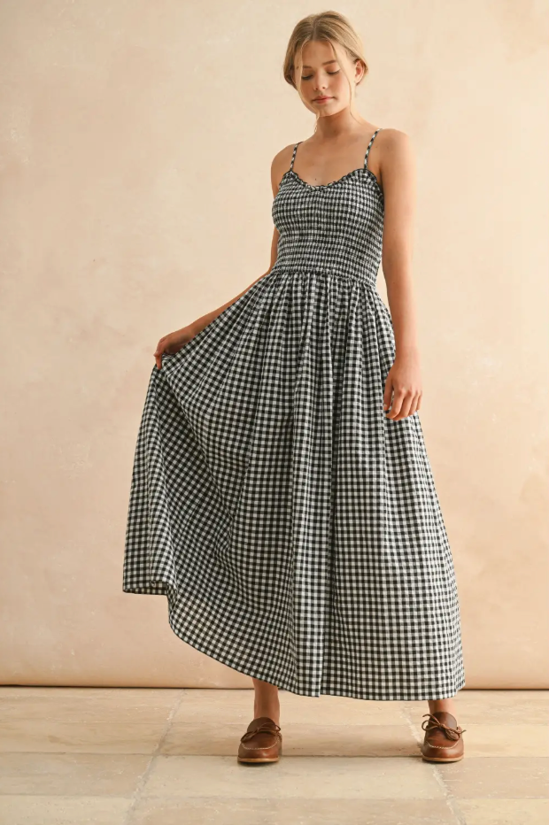 Black and White Gingham Midi Dress from Southern Sunday Boutique in Naples, FL