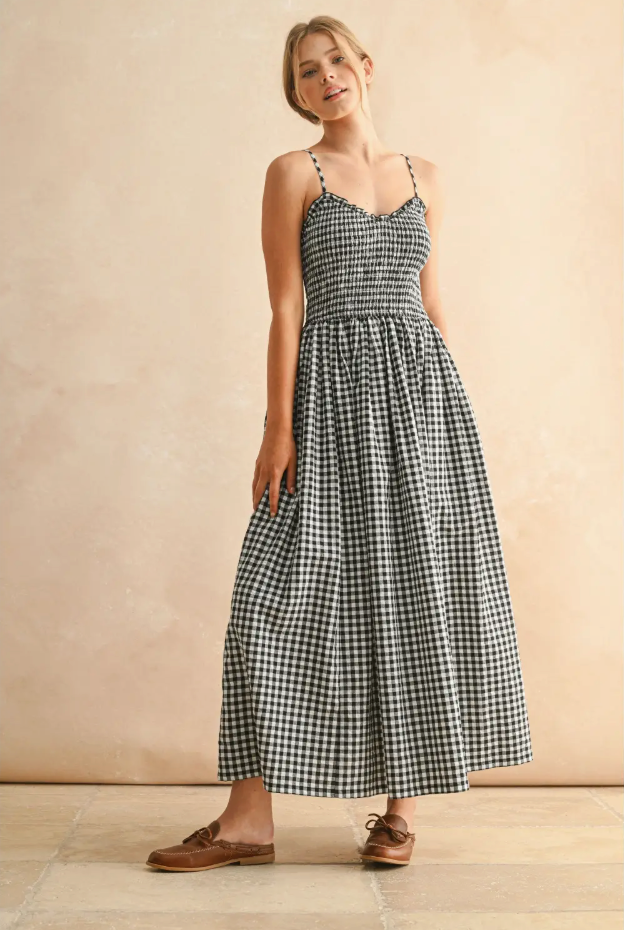 Black and White Gingham Midi Dress from Southern Sunday Boutique in Naples, FL