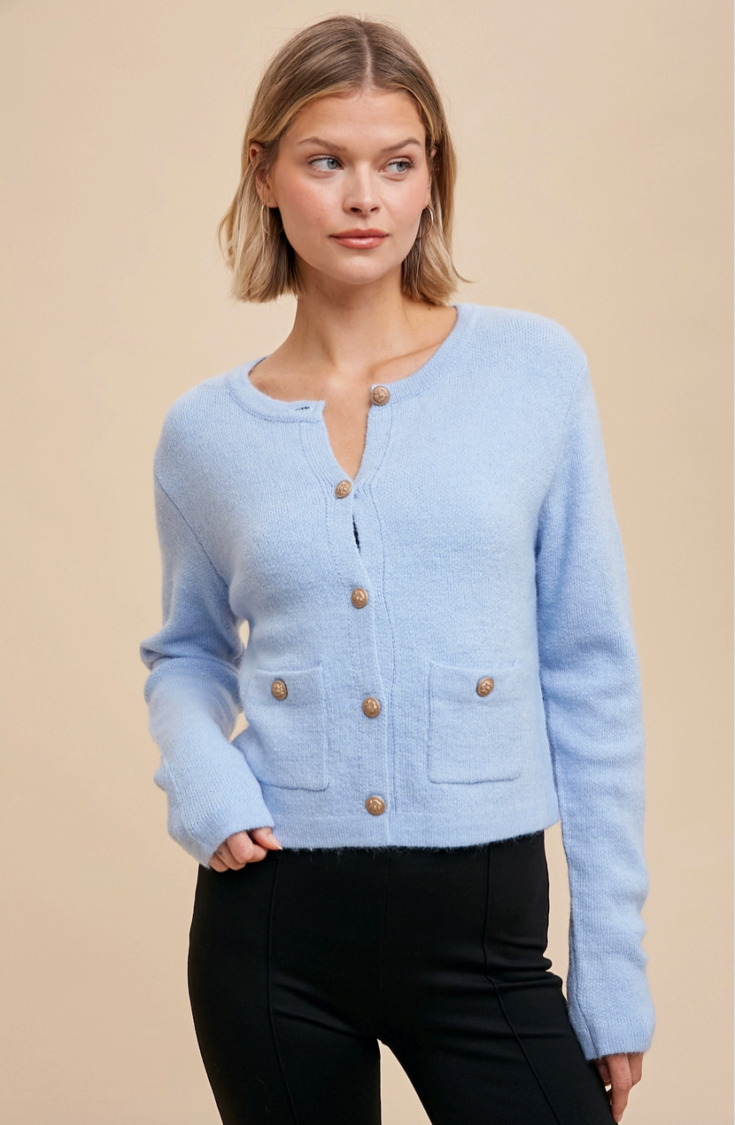 Powder Blue Round Neck Cardigan from Southern Sunday Boutique in Naples, FL