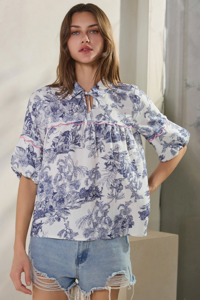 Blue & White Tropical Toile Blouse from Southern Sunday Boutique in Naples, FL
