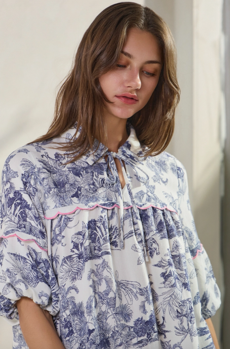 Blue & White Tropical Toile Blouse from Southern Sunday Boutique in Naples, FL