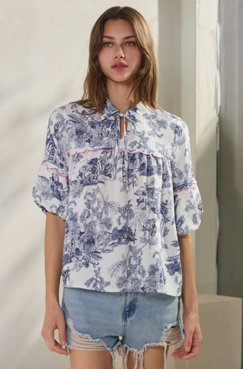 Blue & White Tropical Toile Blouse from Southern Sunday Boutique in Naples, FL