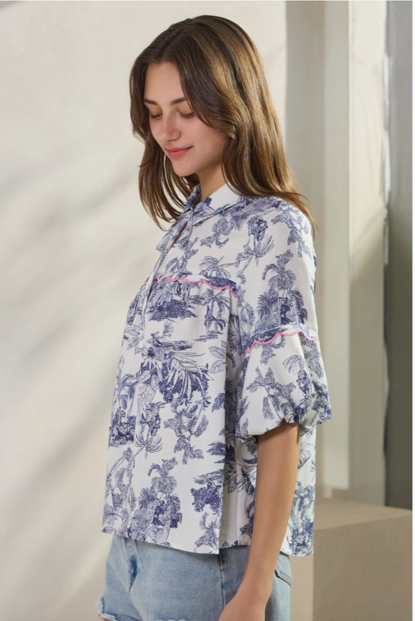 Blue & White Tropical Toile Blouse from Southern Sunday Boutique in Naples, FL