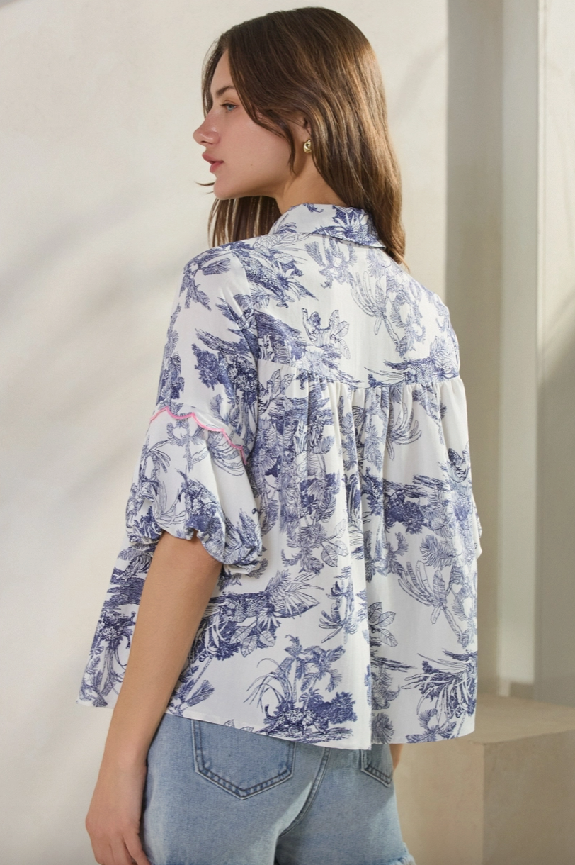 Blue & White Tropical Toile Blouse from Southern Sunday Boutique in Naples, FL