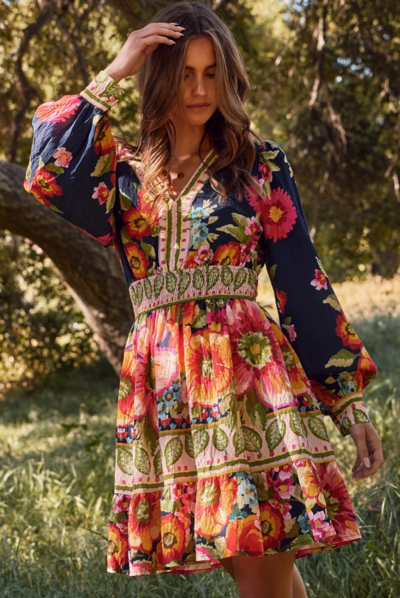 Navy Floral Long Sleeve Mini Dress from Southern Sunday Boutique in Naples, FL