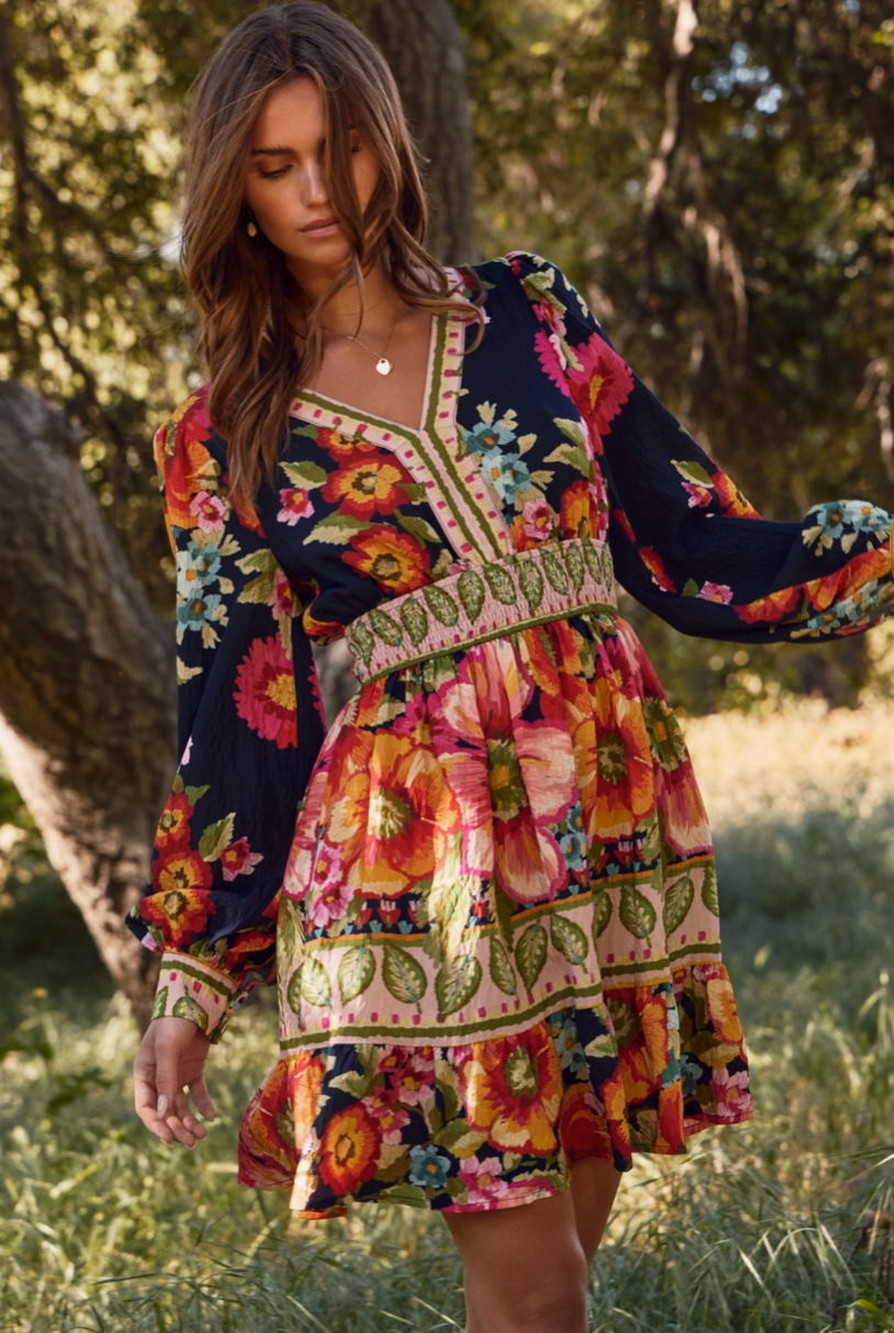 Navy Floral Long Sleeve Mini Dress from Southern Sunday Boutique in Naples, FL