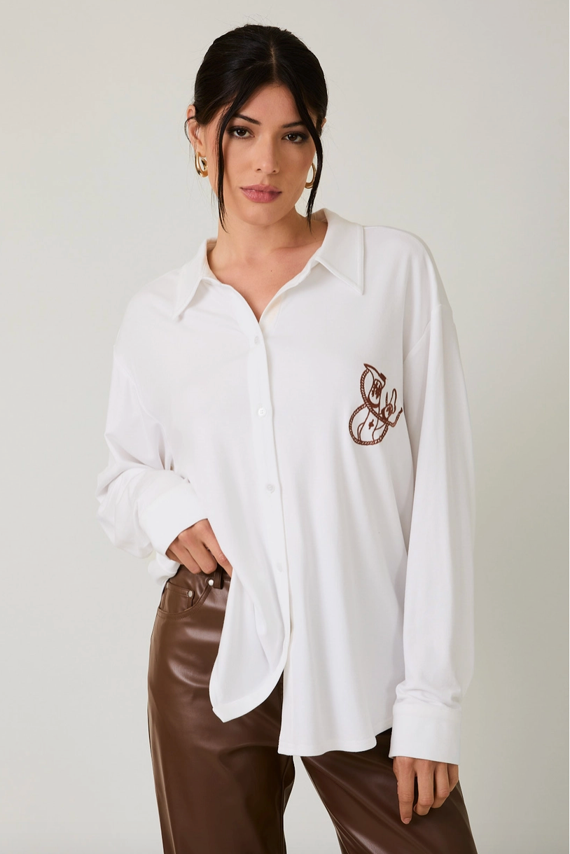 Cowgirl Jersey Button Up Blouse from Southern Sunday Boutique in Naples, FL
