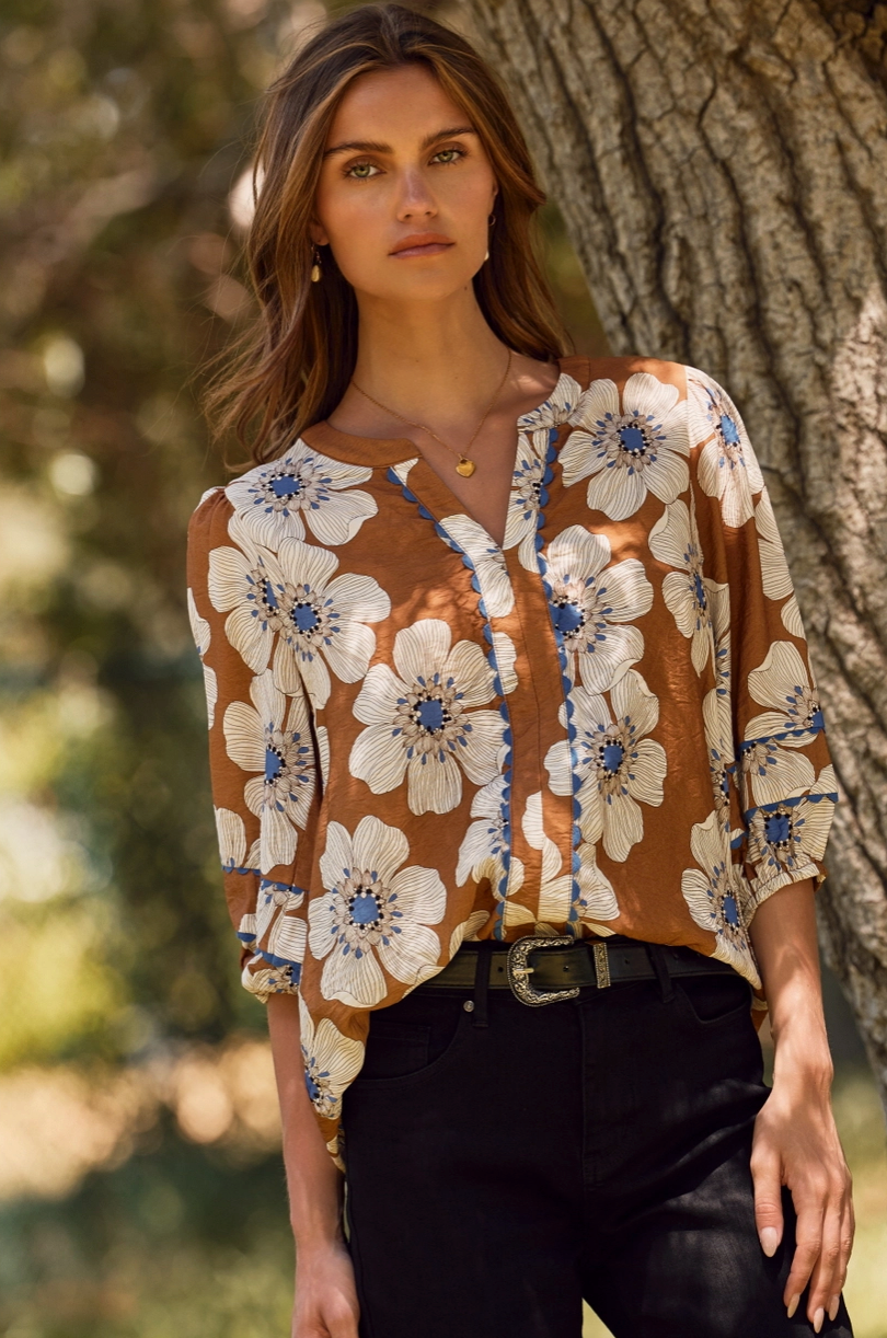 Rust Floral 3/4 Sleeve Blouse from Southern Sunday Boutique in Naples, FL