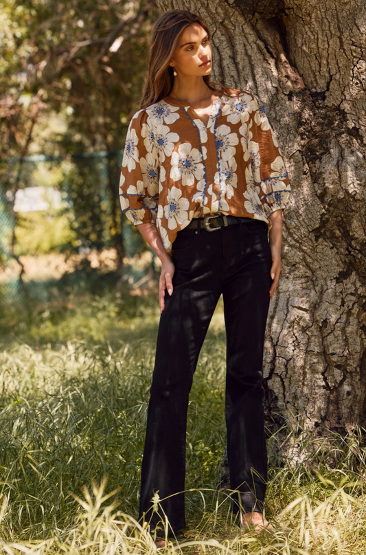 Rust Floral 3/4 Sleeve Blouse from Southern Sunday Boutique in Naples, FL