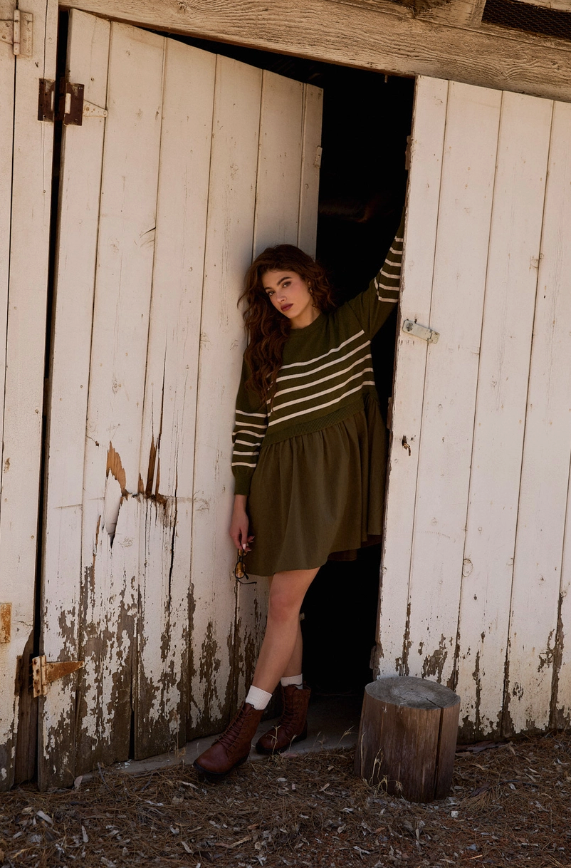 Olive Stripe Sweater Mix Mini  Dress from Southern Sunday Boutique in Naples, FL