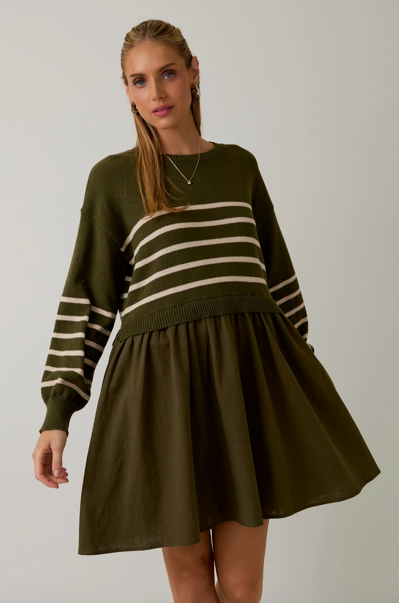 Olive Stripe Sweater Mix Mini  Dress from Southern Sunday Boutique in Naples, FL