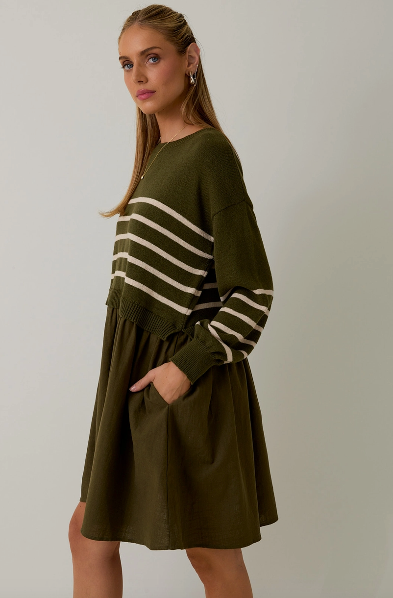 Olive Stripe Sweater Mix Mini  Dress from Southern Sunday Boutique in Naples, FL