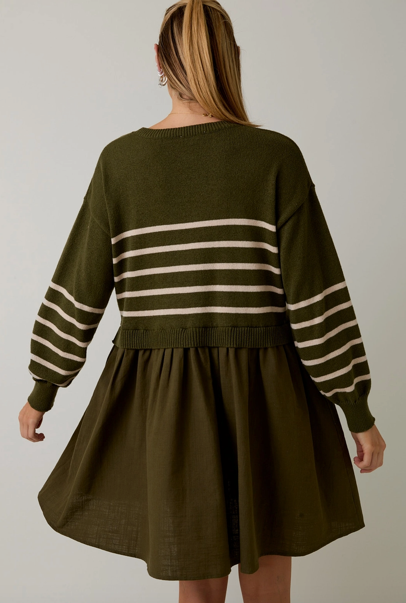 Olive Stripe Sweater Mix Mini  Dress from Southern Sunday Boutique in Naples, FL
