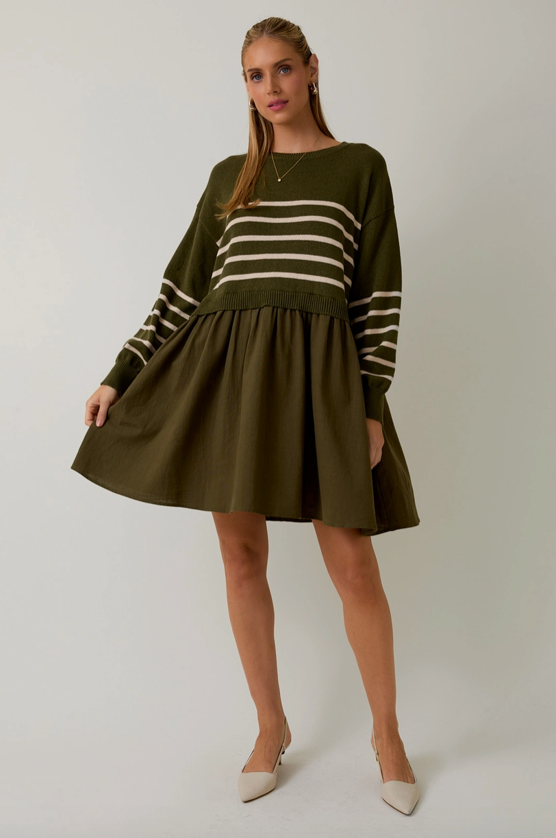 Olive Stripe Sweater Mix Mini  Dress from Southern Sunday Boutique in Naples, FL