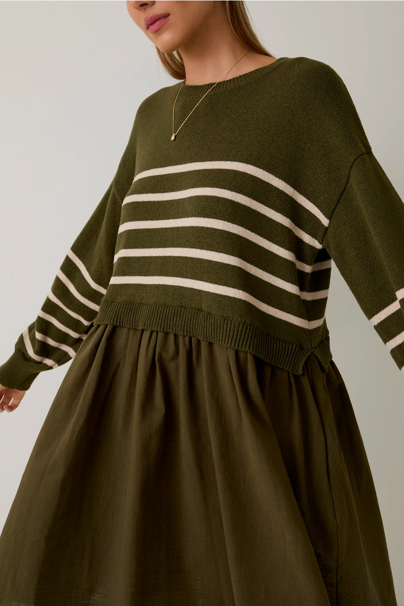 Olive Stripe Sweater Mix Mini  Dress from Southern Sunday Boutique in Naples, FL