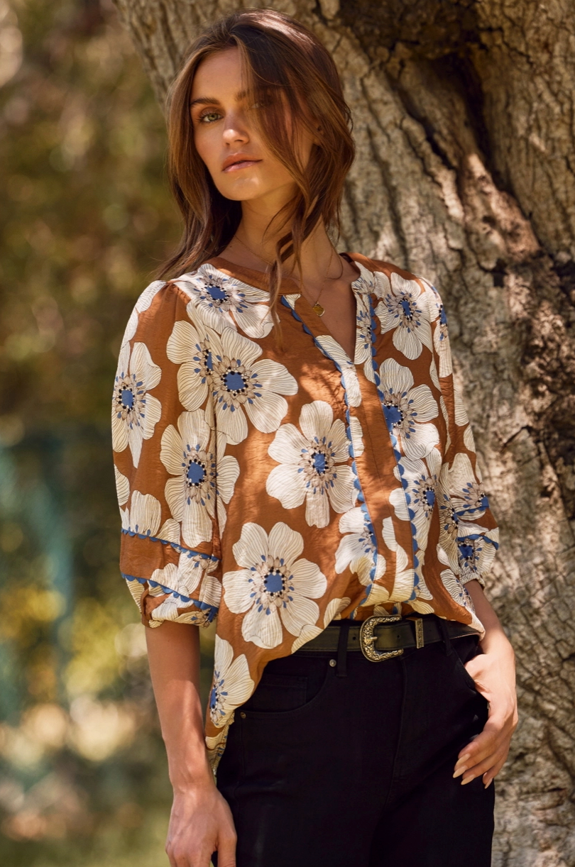 Rust Floral 3/4 Sleeve Blouse from Southern Sunday Boutique in Naples, FL