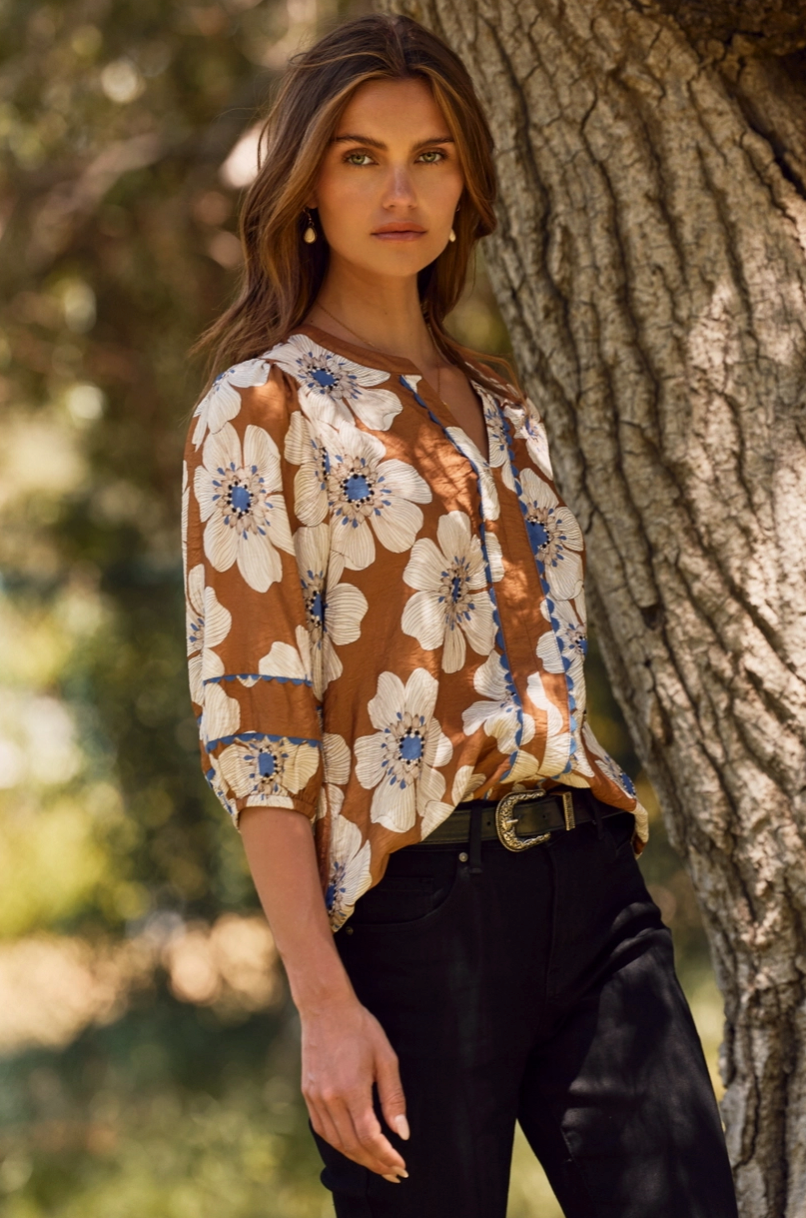 Rust Floral 3/4 Sleeve Blouse from Southern Sunday Boutique in Naples, FL