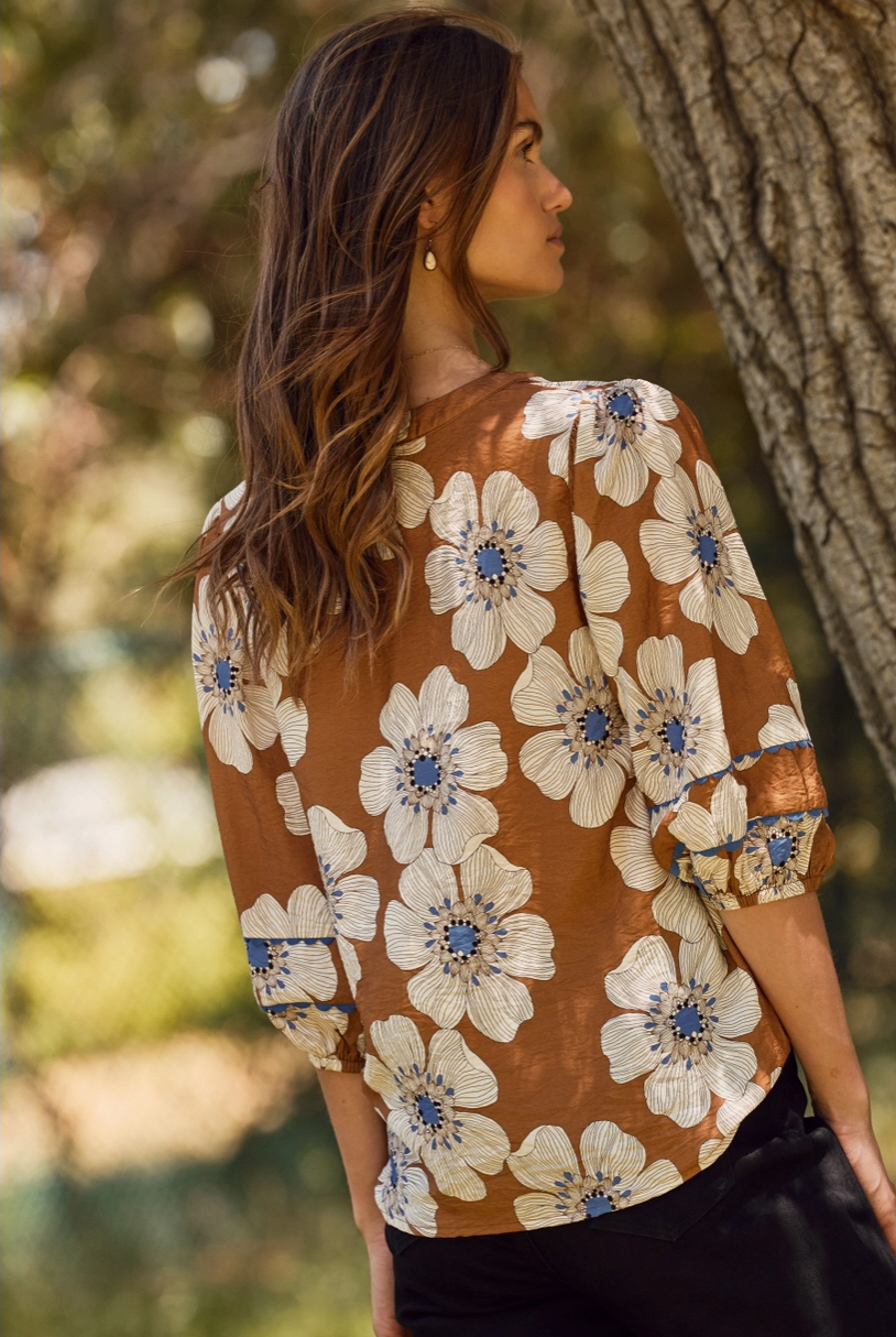 Rust Floral 3/4 Sleeve Blouse from Southern Sunday Boutique in Naples, FL