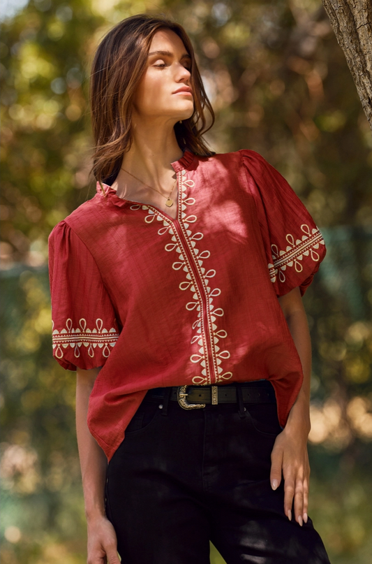 Red Embroidered Balloon Sleeve Blouse from Southern Sunday Boutique in Naples, FL