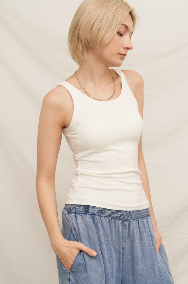 White Scoop Neck Tank with Built in Bra from Southern Sunday Boutique in Naples, FL