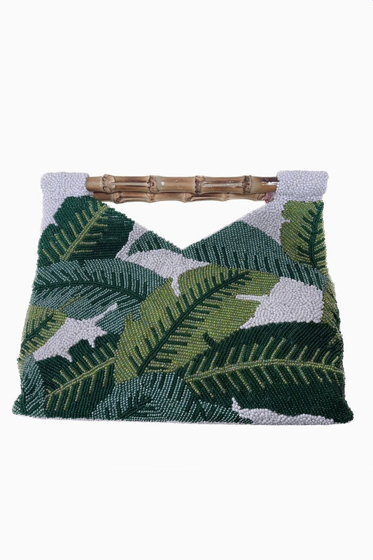 Green Palm Leaf Beaded Clutch with Bamboo Handle from Southern Sunday Boutique in Naples, FL.