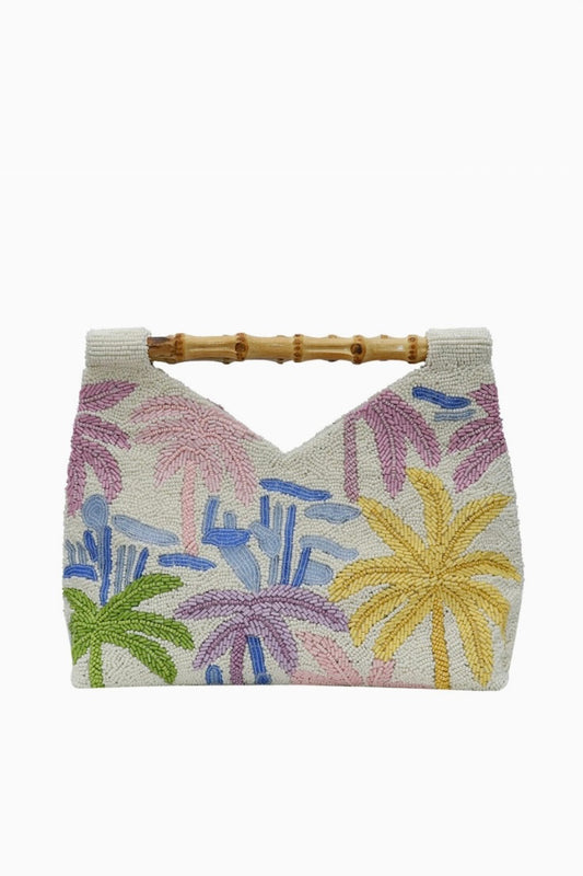Pastel Palm Tree Beaded Clutch with Bamboo Handle
