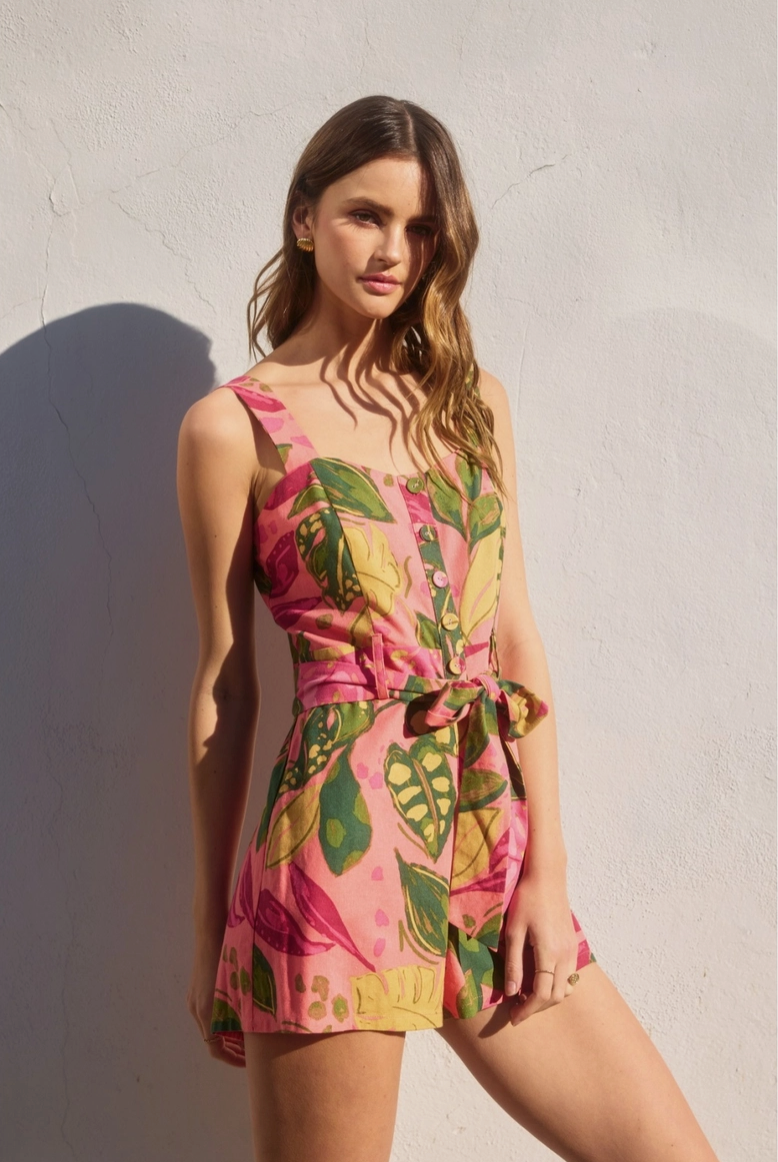 Pink Rio Tropical Button Down Romper from Southern Sunday Boutique in Naples, FL