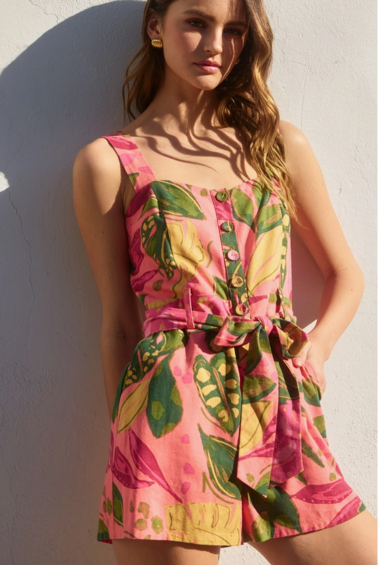 Pink Rio Tropical Button Down Romper from Southern Sunday Boutique in Naples, FL