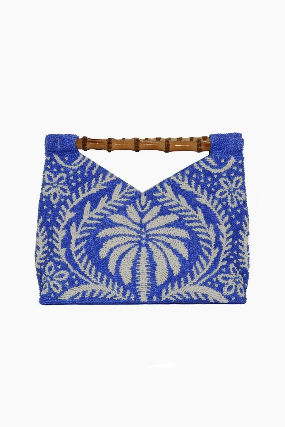 Blue & White Palm Tree Beaded Clutch with Bamboo Handle from Southern Sunday Boutique in Naples, FL