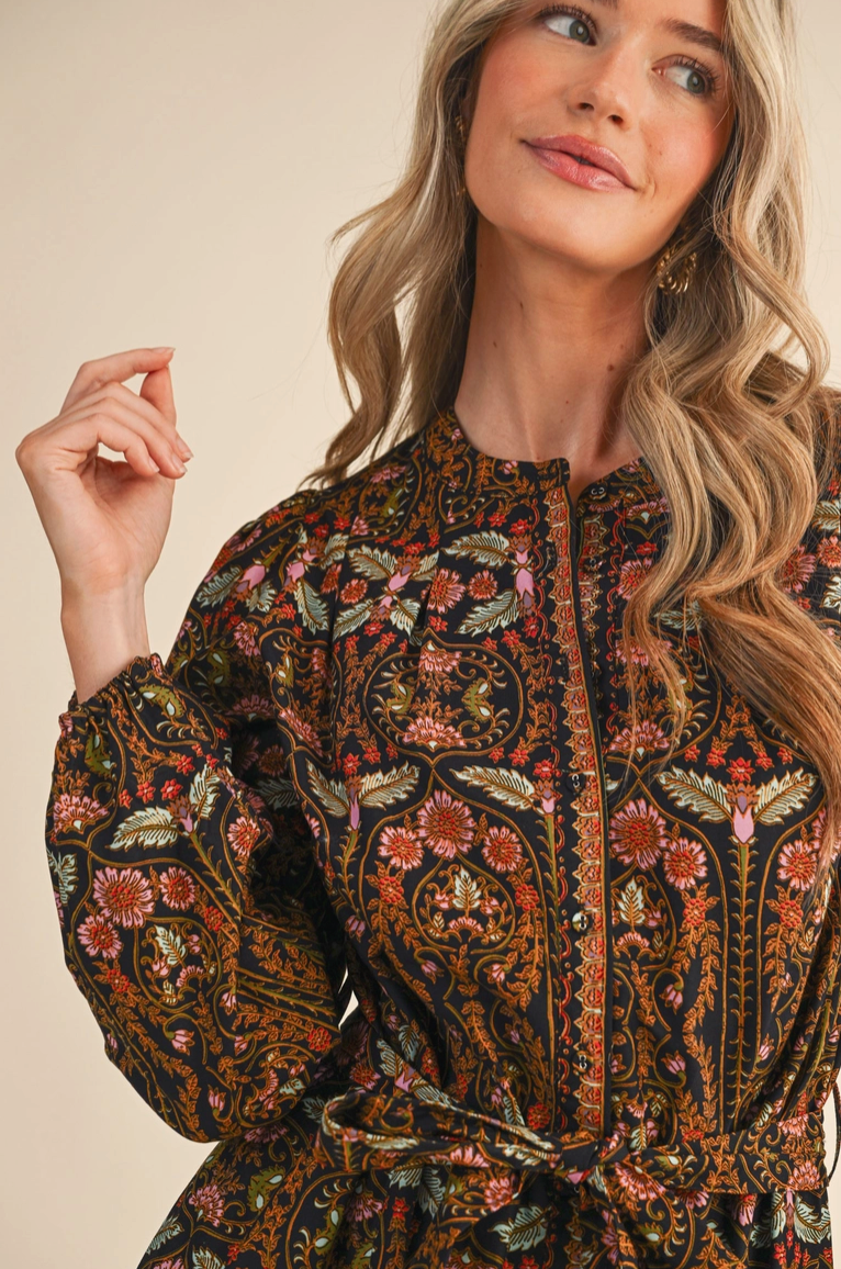 Black Floral Button Down Mini Dress from Southern Sunday Boutique in Naples, FL