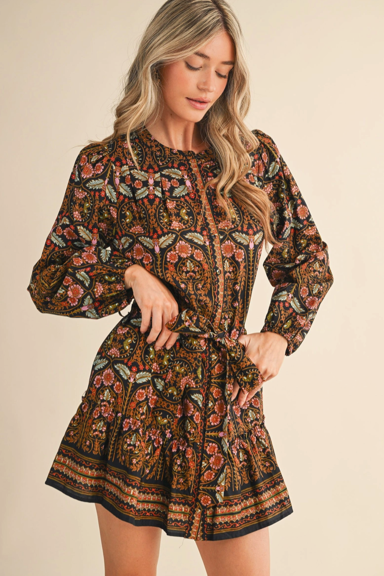 Black Floral Button Down Mini Dress from Southern Sunday Boutique in Naples, FL
