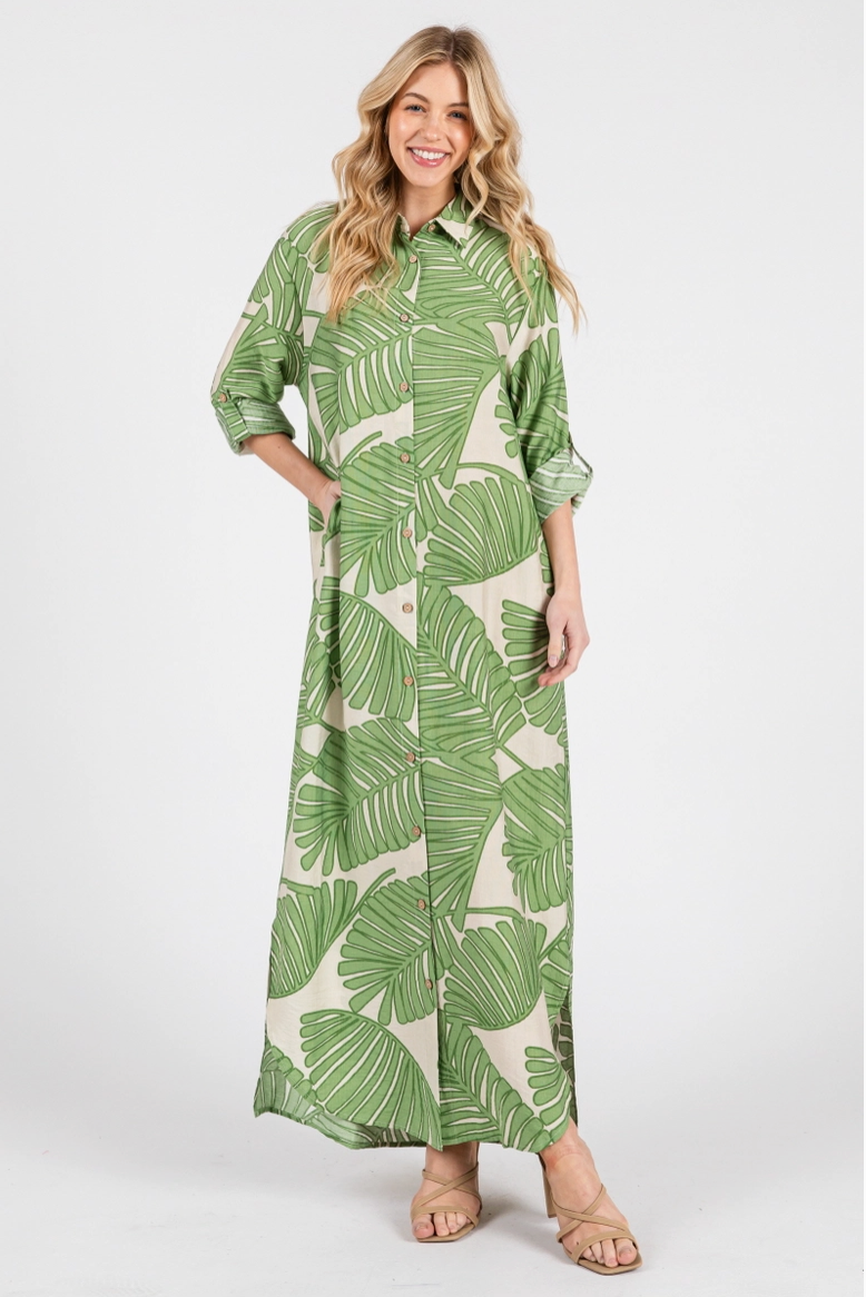 Green Palm Print Button Up Maxi Dress from Southern Sunday Boutique in Naples, FL