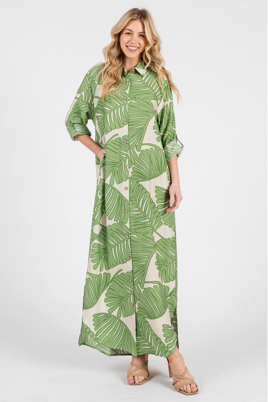 Green Palm Print Button Up Maxi Dress from Southern Sunday Boutique in Naples, FL