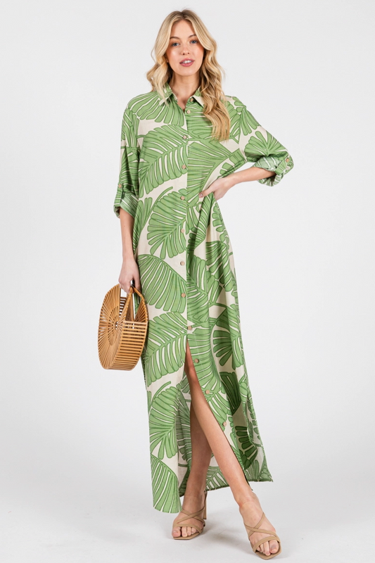 Green Palm Print Button Up Maxi Dress from Southern Sunday Boutique in Naples, FL