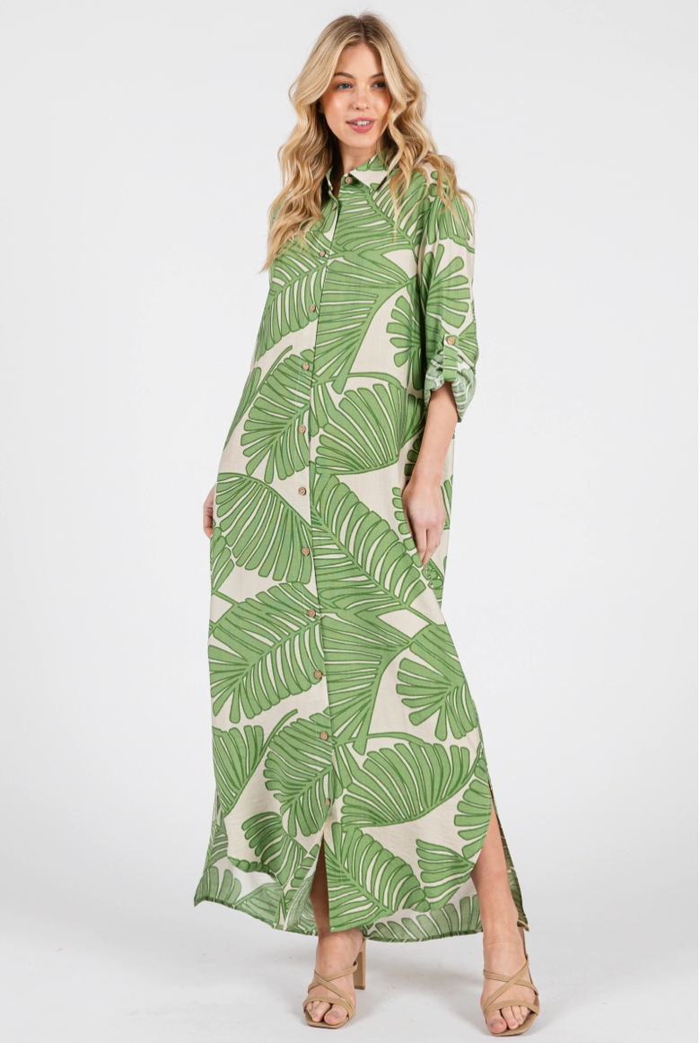 Green Palm Print Button Up Maxi Dress from Southern Sunday Boutique in Naples, FL