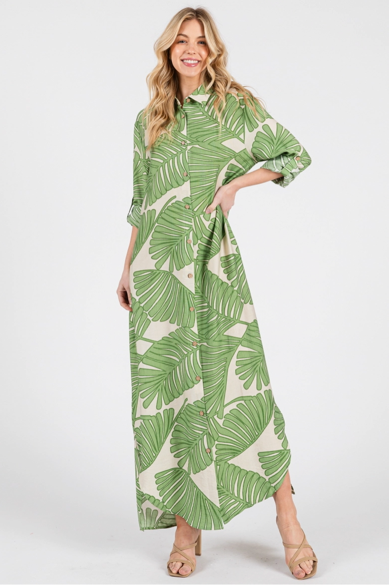 Green Palm Print Button Up Maxi Dress from Southern Sunday Boutique in Naples, FL