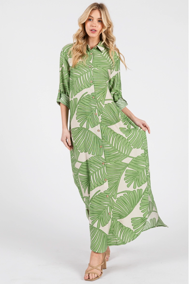 Green Palm Print Button Up Maxi Dress from Southern Sunday Boutique in Naples, FL