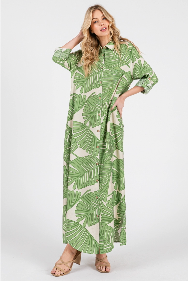 Green Palm Print Button Up Maxi Dress from Southern Sunday Boutique in Naples, FL