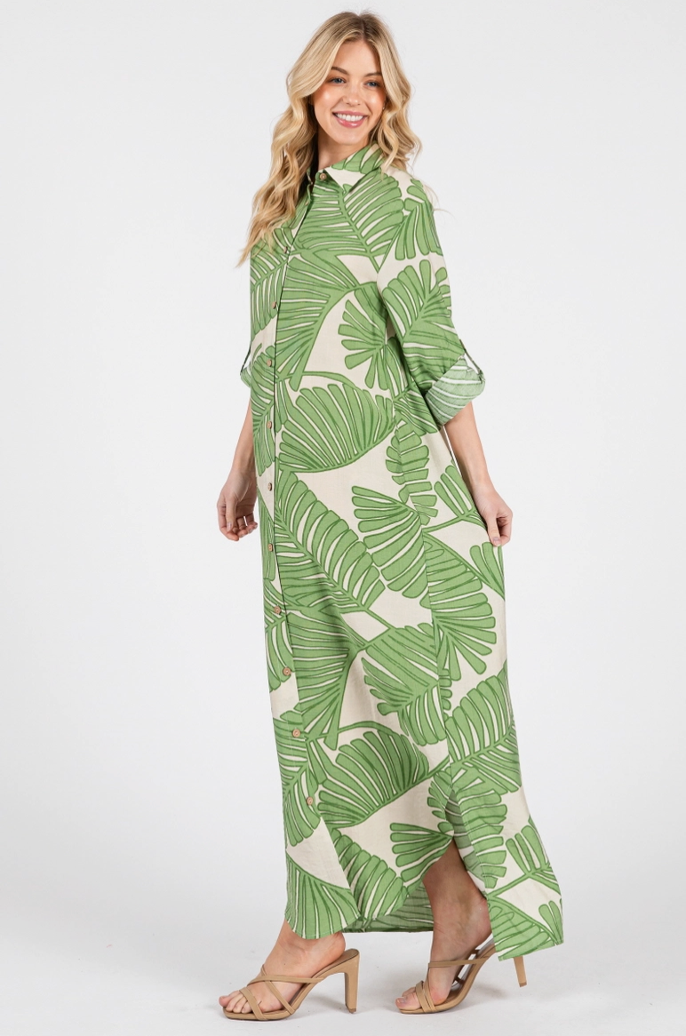 Green Palm Print Button Up Maxi Dress from Southern Sunday Boutique in Naples, FL