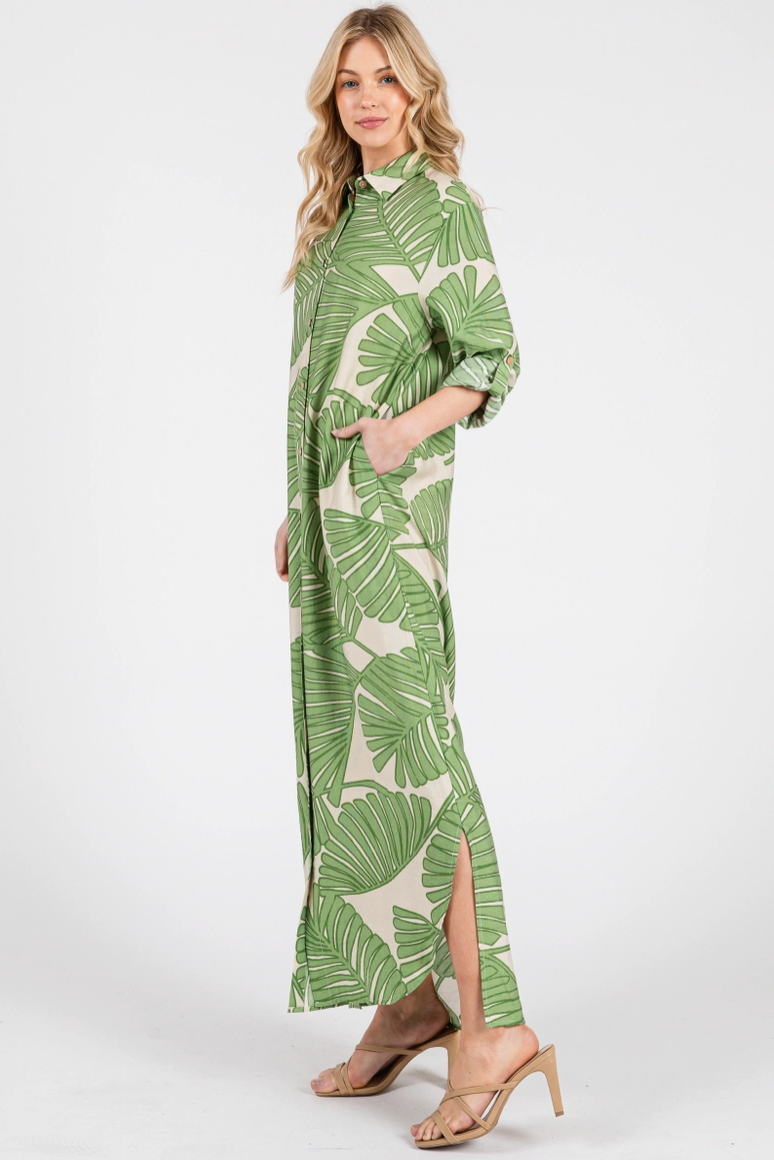 Green Palm Print Button Up Maxi Dress from Southern Sunday Boutique in Naples, FL