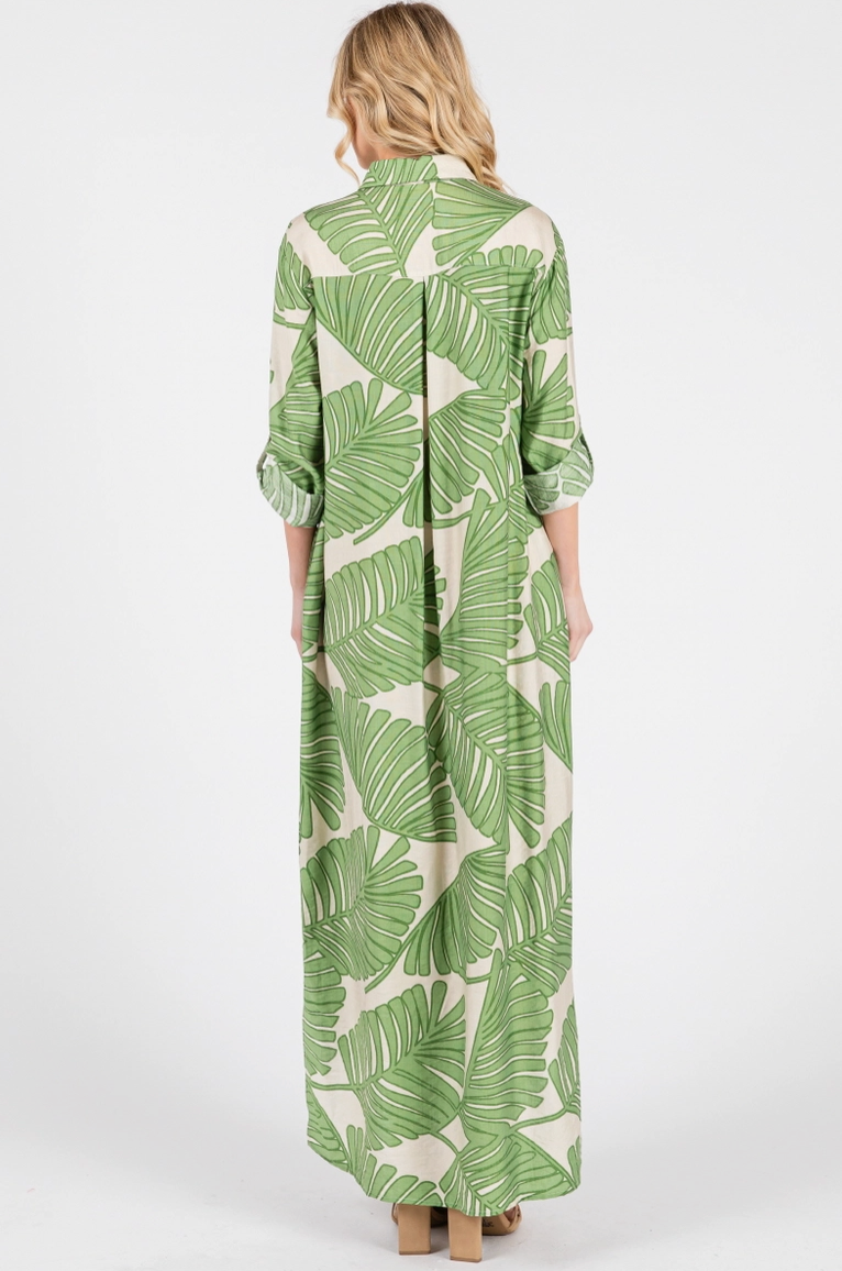 Green Palm Print Button Up Maxi Dress from Southern Sunday Boutique in Naples, FL