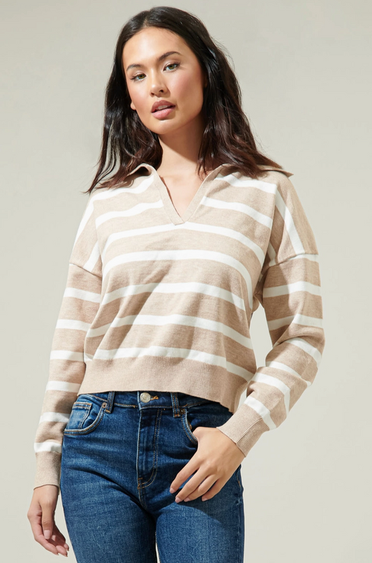 Oatmeal & Cream Striped Collared Sweater from Southern Sunday Boutique in Naples, FL