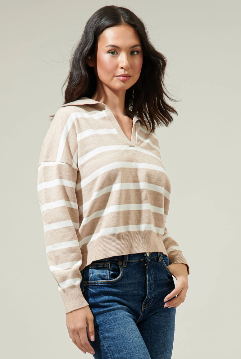 Oatmeal & Cream Striped Collared Sweater from Southern Sunday Boutique in Naples, FL