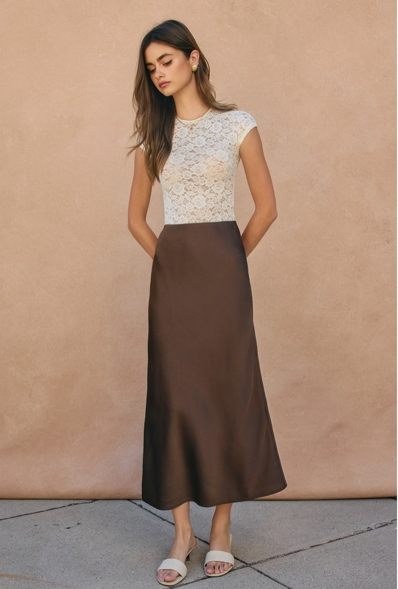 Chocolate Pull On Satin Maxi Skirt from Southern Sunday Boutique in Naples, FL