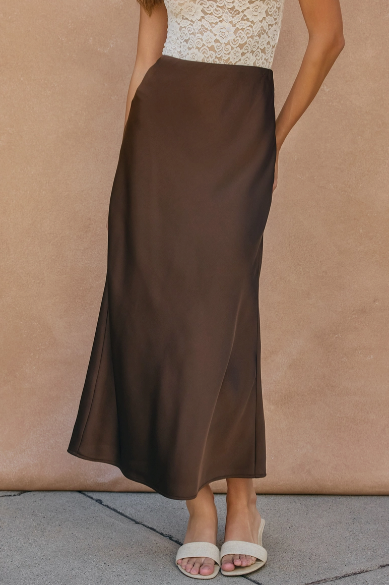 Chocolate Pull On Satin Maxi Skirt from Southern Sunday Boutique in Naples, FL