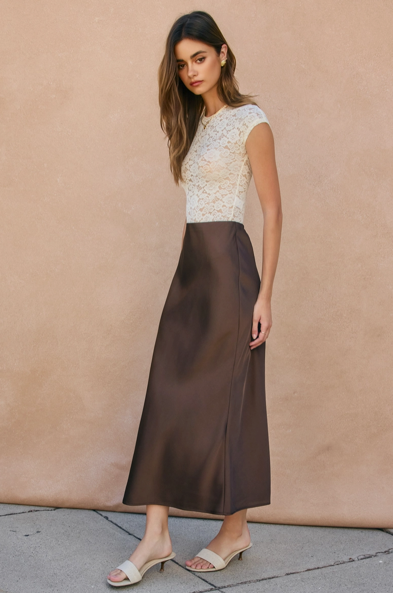 Chocolate Pull On Satin Maxi Skirt from Southern Sunday Boutique in Naples, FL