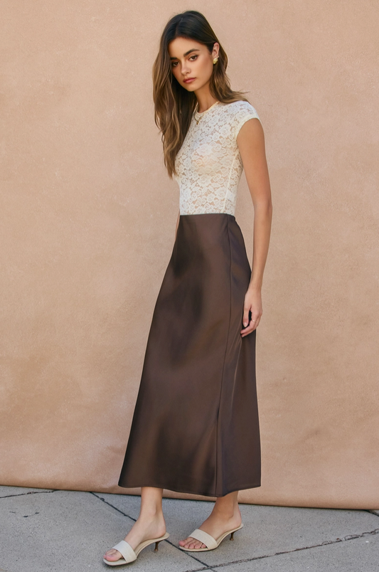 Chocolate Pull On Satin Maxi Skirt from Southern Sunday Boutique in Naples, FL
