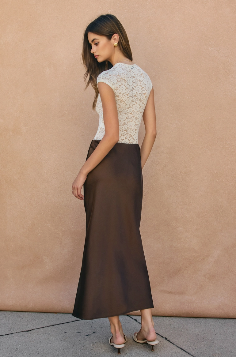 Chocolate Pull On Satin Maxi Skirt from Southern Sunday Boutique in Naples, FL