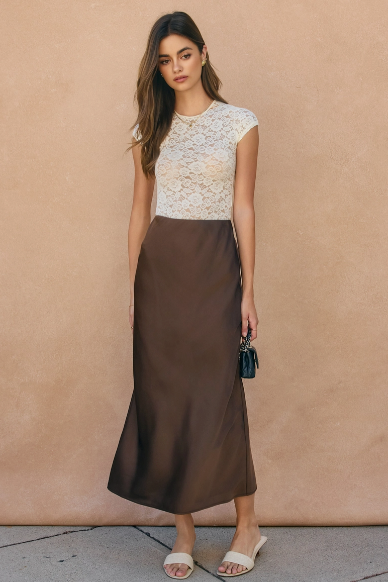 Chocolate Pull On Satin Maxi Skirt from Southern Sunday Boutique in Naples, FL
